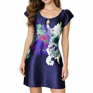 DEPT Blue Floral Satin Slip Dress Womens Small Cap Sleeve Keyhole Neck  Cocktail